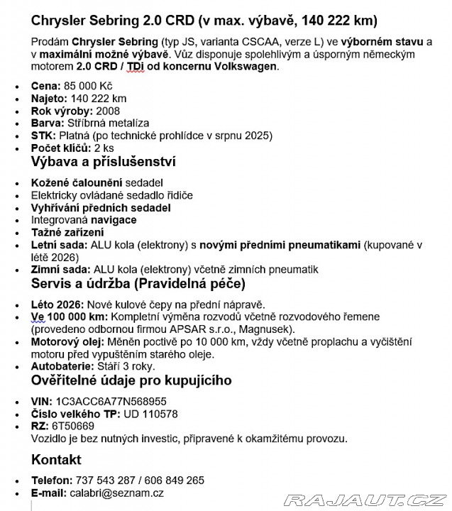 Chrysler Sebring 2.0CRD/TDi Volswagen 2008